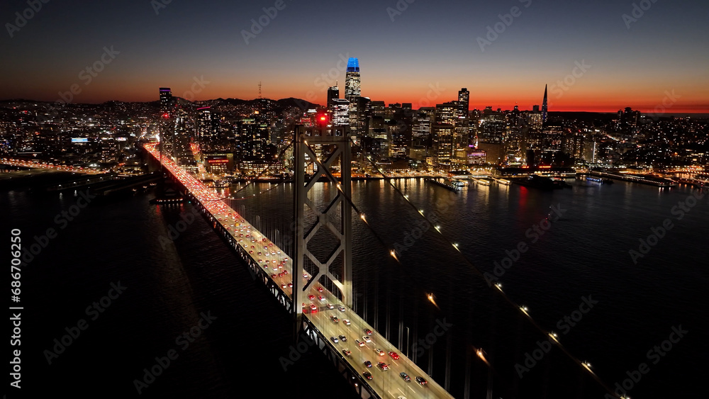 Oakland Bay Bridge At Oakland In California United States. Downtown City Skyline. Transportation Scenery. Oakland Bay Bridge At Oakland In California United States. 