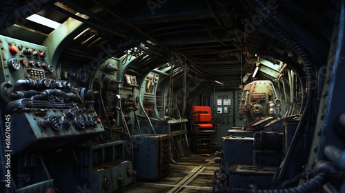 Submarine interior. Dark and moody. Concept of Submersible Exploration, Naval Enclosed Spaces, and the Silent Depths of the Ocean.