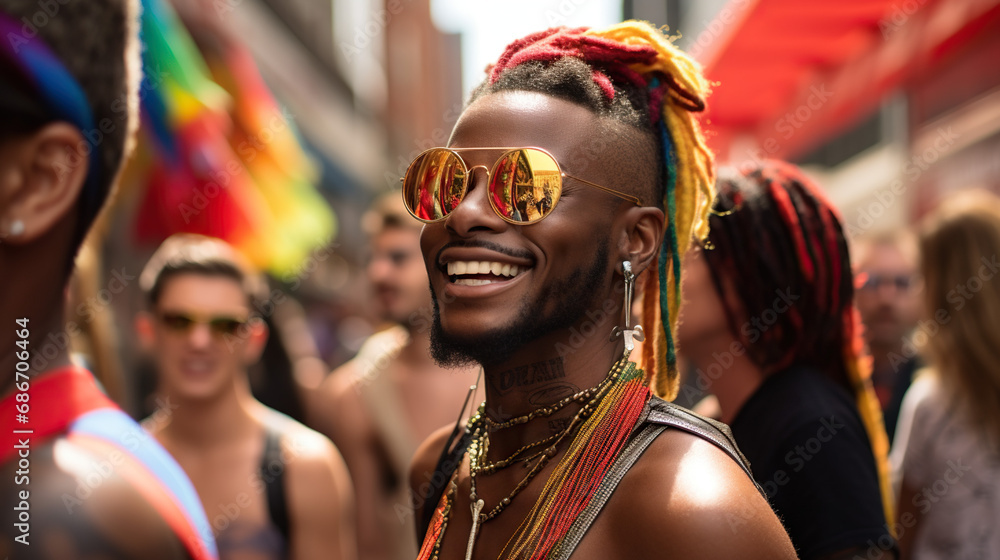 Man at a pride parade, smiling and happy. Concept of LGBTQ+ Celebration, Joyful Expression, and Support for Diversity and Inclusivity.