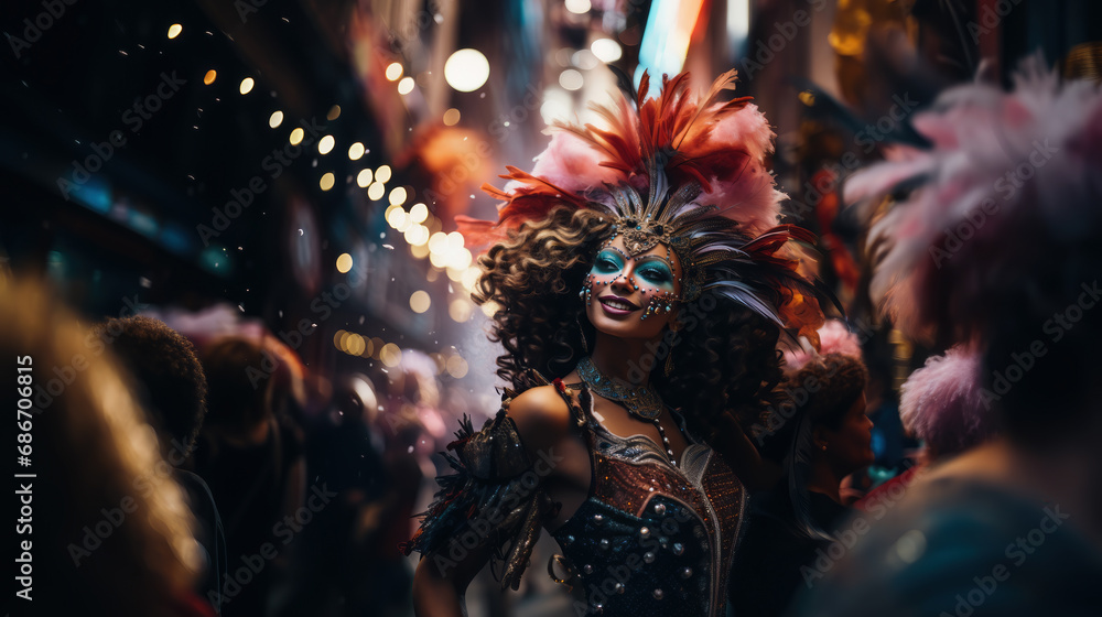 A person wearing a glittering carnival mask, half face visible, capturing the excitement and allure of the carnival, - obrazy, fototapety, plakaty 
