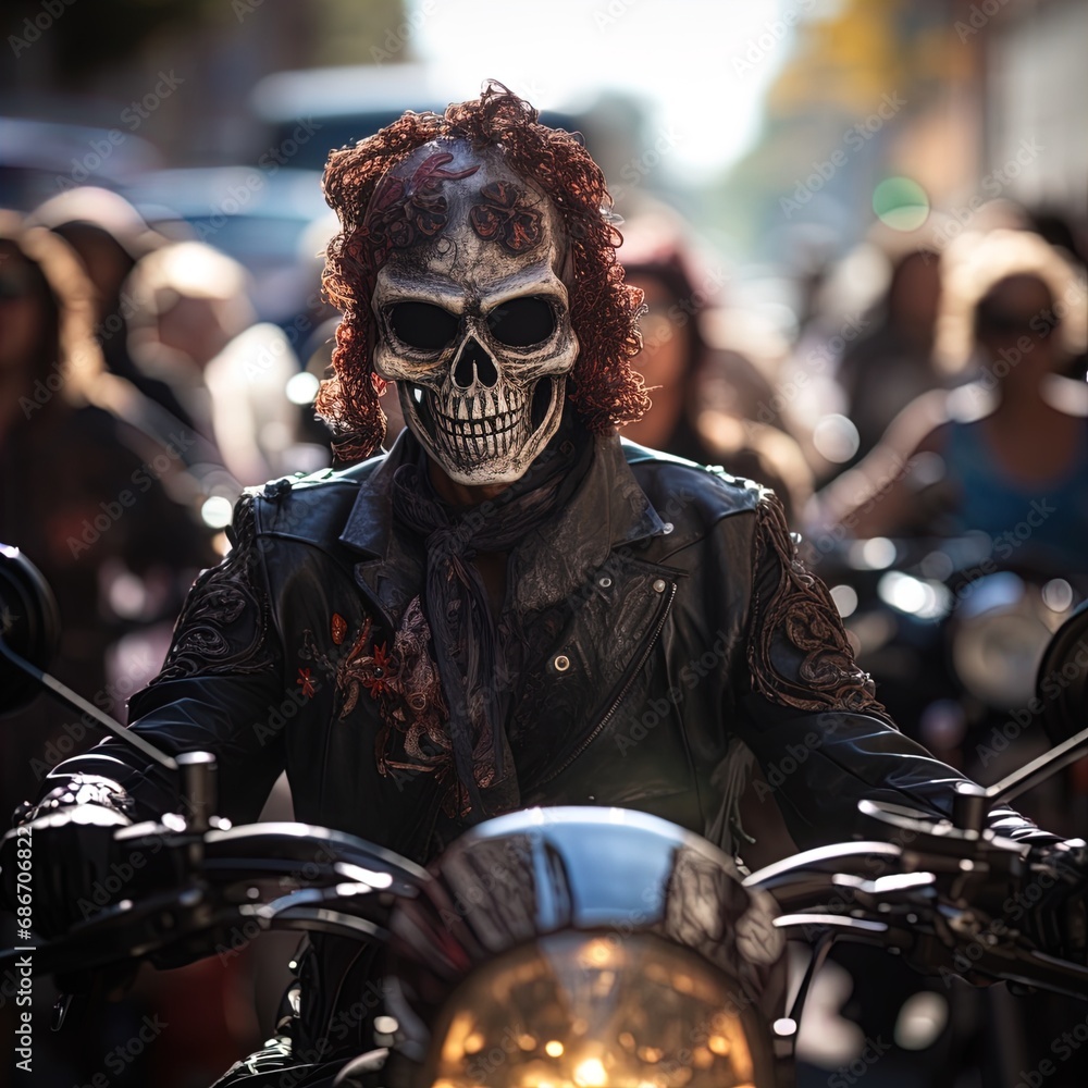 People in skull masks at a motorcycle rally. Great for stories of the grim reaper, motorcycle gangs, demons, horror, crime and more. People in skull masks at a motorcycle rally. Great for stories of the grim reaper, motorcycle gangs, demons, horror, crime and more.