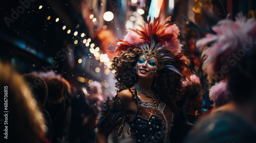 A person wearing a glittering carnival mask, half face visible, capturing the excitement and allure of the carnival, photo