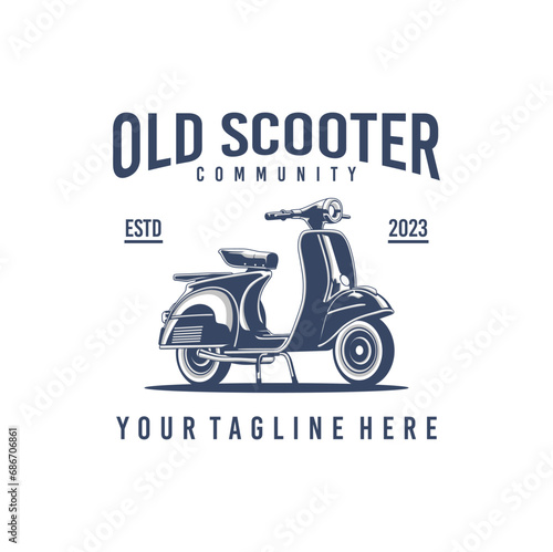 Vintage old scooter motorcycle logo design.  Retro italian old scooter logo illustration isolated on white background.