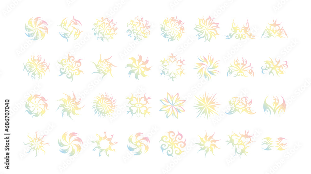 Retro, acid, y2k creative radial gradient icons. Tribal brutalist mandala element set. Star trooper for decoration. Vector illustration. Retro, acid, y2k creative radial gradient icons. Tribal brutalist mandala element set. Star trooper for decoration. Vector illustration.