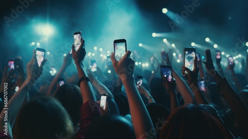 Raised hands holding mobile phone filming in club, generative ai