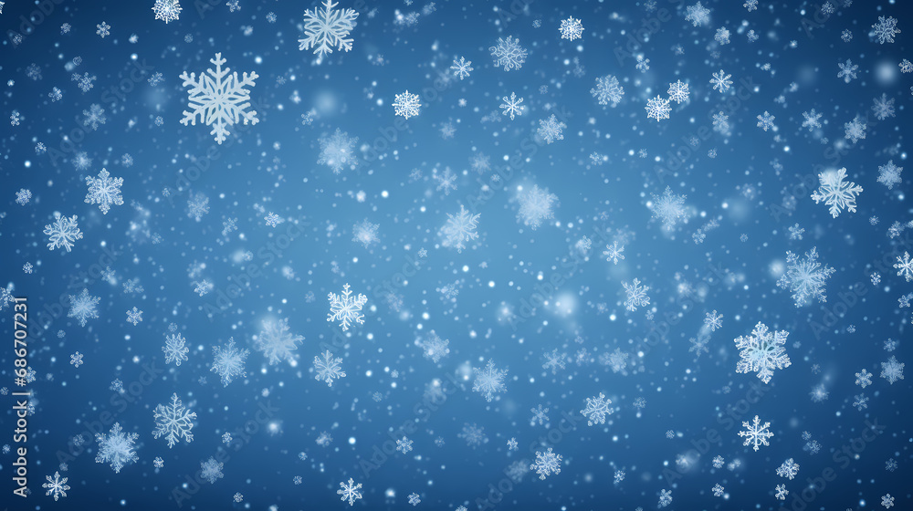 Snowy blue background with falling snowflakes. Christmas winter snowfall with white snow flakes.