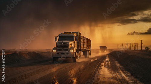 Truck hauling cargo on a dirt road. Concept of Rural Transportation, Logistics, and the Dusty Journey of Goods.