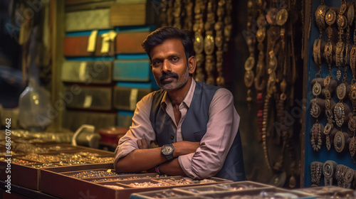 Indian watch seller at storefront portrait. Concept of Local Businesses, Street Vendors, and Timekeeping Traditions.