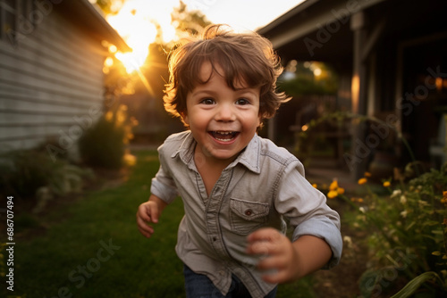 Beautiful portrait of a 3-year-old boy kid playing in yard at sunrise, generative ai