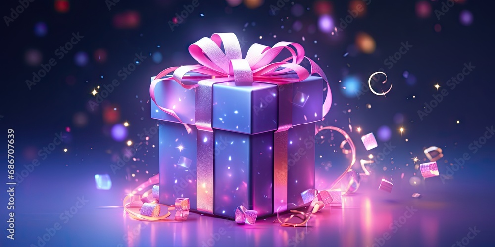 Gleaming festivities. Unveiling magic of christmas with shiny blue gift box and golden ribbon. Celebration elegance. Bright bokeh background accentuates beautifully wrapped xmas present Gleaming festivities. Unveiling magic of christmas with shiny blue gift box and golden ribbon. Celebration elegance. Bright bokeh background accentuates beautifully wrapped xmas present