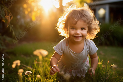 Beautiful portrait of a 3-year-old girl kid playing in yard at sunrise