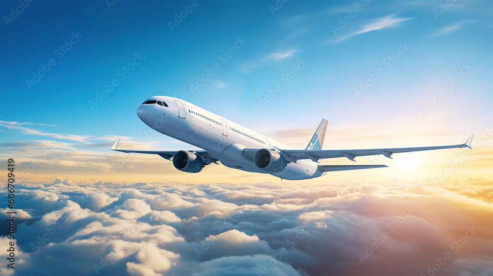 Airplane flying in the air with sunlight shining in blue sky background. Travel journey and Wanderlust transportation concept. Airplane flying in the air with sunlight shining in blue sky background. Travel journey and Wanderlust transportation concept.