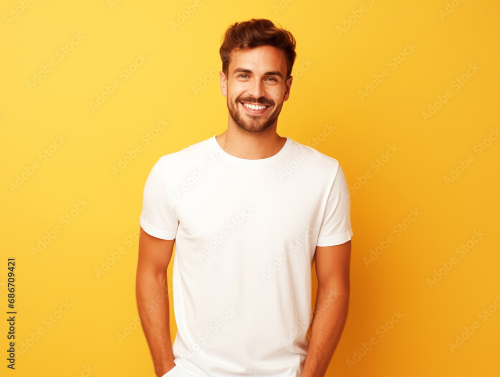 Man wearing a plain tshirt standing in front of isolated yellow background - ai generative Man wearing a plain tshirt standing in front of isolated yellow background - ai generative