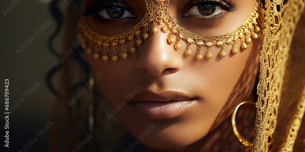 A close-up portrait of a person wearing intricate gold jewelry, reflecting their cultural heritage