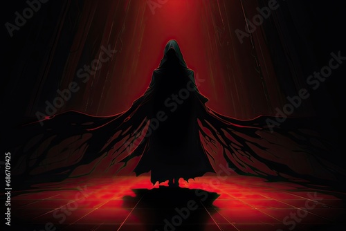 Illustration, a sinister-looking character in a cloak standing in the shadows.