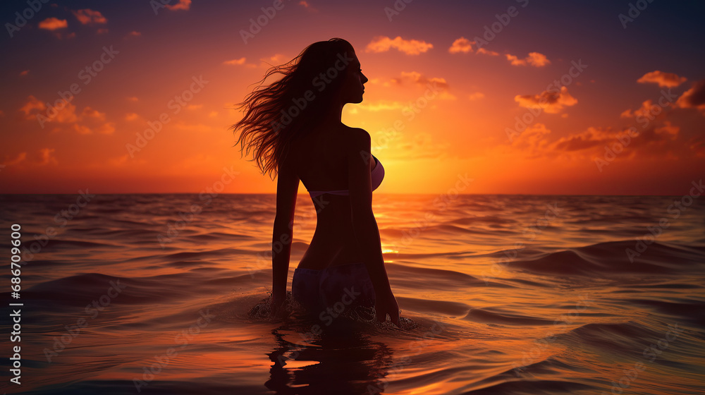 Silhouette of a woman on the beach.