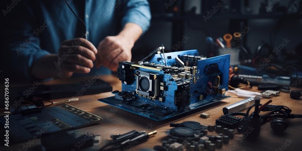 A computer builder carefully installing a graphic card into a custom gaming PC, with tools and other components visible - obrazy, fototapety, plakaty 