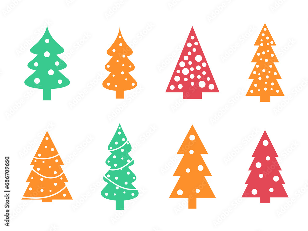 Christmas tree icon set. Christmas tree shapes colorful flat design graphics. PNG graphics with transparent background.