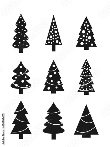 Christmas tree icon set. Black simple Christmas tree shapes collection. PNG graphics with transparent background. 