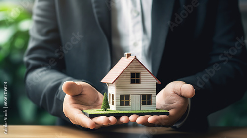 House model in home insurance broker agent's hand. insurance and security, affordable housing concepts.