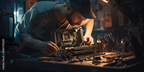 A computer builder carefully installing a graphic card into a custom gaming PC, with tools and other components visible
