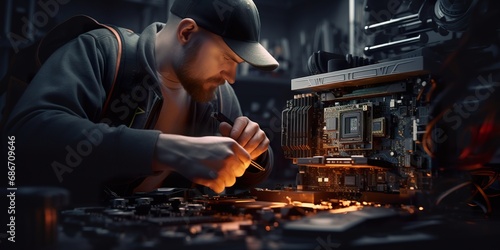 A computer builder carefully installing a graphic card into a custom gaming PC, with tools and other components visible