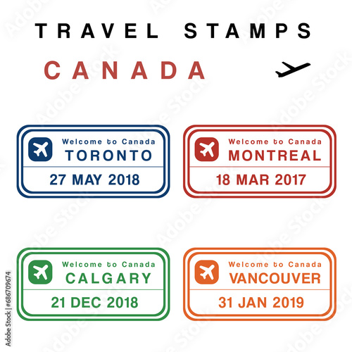 Travel badge design - passport stamps set (fictitious stamps). Canada destinations: Toronto, Montreal, Calgary and Vancouver. PNG objects with transparent background. photo