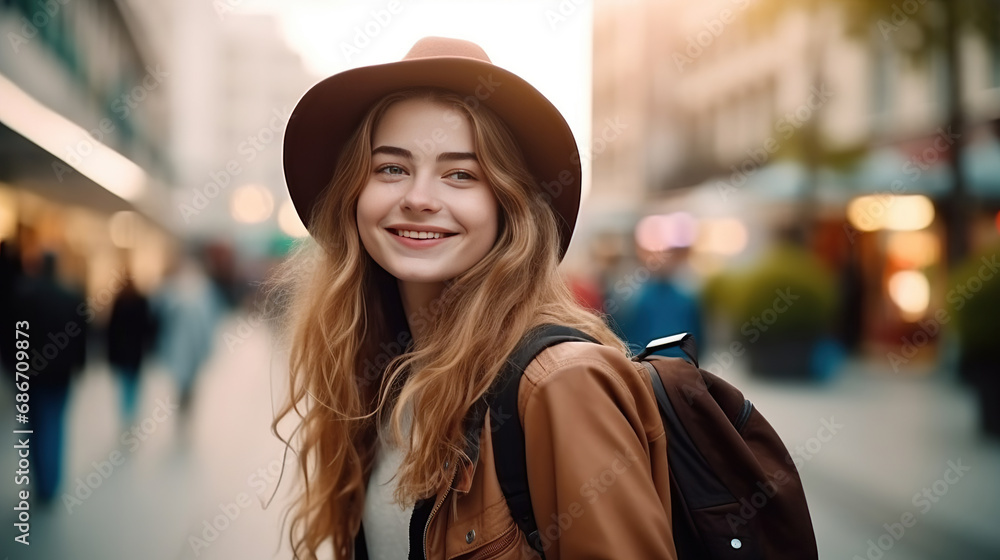 Beautiful happy young fashionable woman traveling in City with backpack. Tourists Lifestyle shopping travel concept.