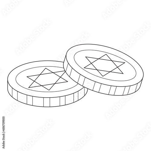 Coins, Jewish coins. Happy Hanukkah Illustration. Coloring page. line art design vector illustration seamless coloring book. Separate objects. Hand drawn design elements.