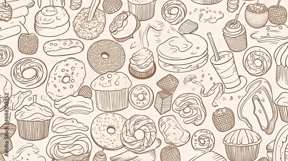 Various sweet desserts, creating a delightful and visually appealing arrangement. Line art style illustration pattern background. Various sweet desserts, creating a delightful and visually appealing arrangement. Line art style illustration pattern background.