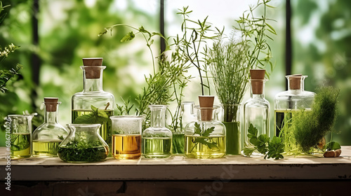 Natural organic botany and scientific glassware, Alternative herb medicine, Natural skin care beauty products, Research and development concept.