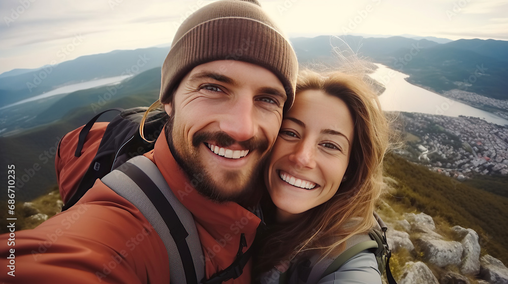 Young hiker couple taking selfie portrait on the top of mountain - Happy guy smiling at camera - Tourism, sport life style and social media influencer concept. Young hiker couple taking selfie portrait on the top of mountain - Happy guy smiling at camera - Tourism, sport life style and social media influencer concept.