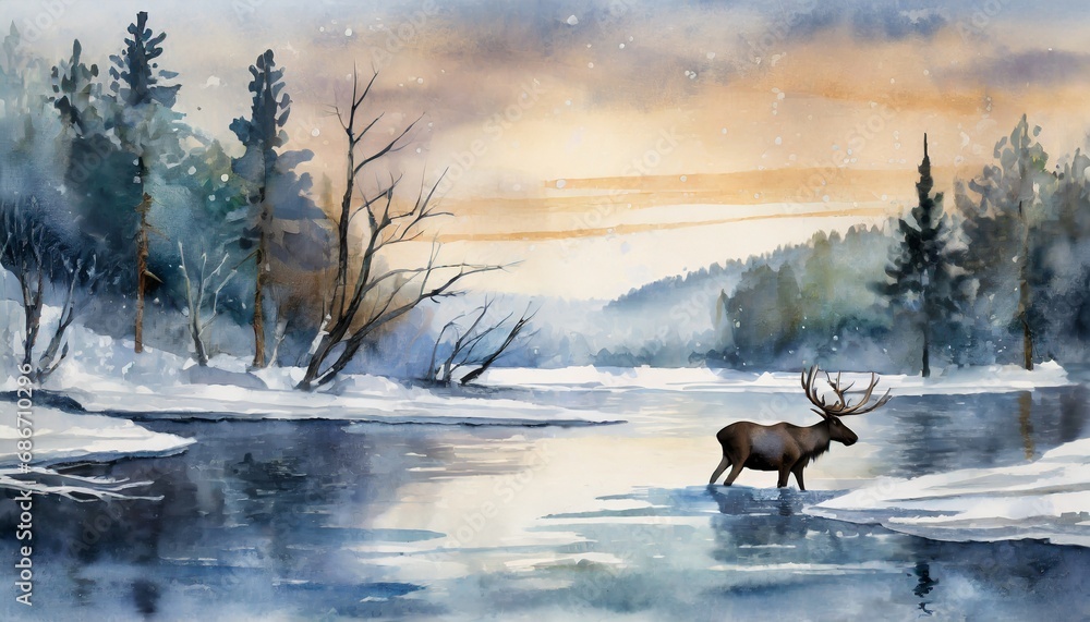 Nordic wilderness, winter dawn, frozen river, a moose visible in the distance. Nordic wilderness, winter dawn, frozen river, a moose visible in the distance.
