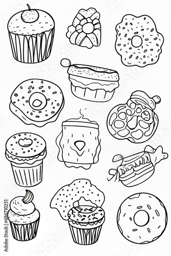 Various sweet desserts  creating a delightful and visually appealing arrangement. Line art style illustration pattern background. 