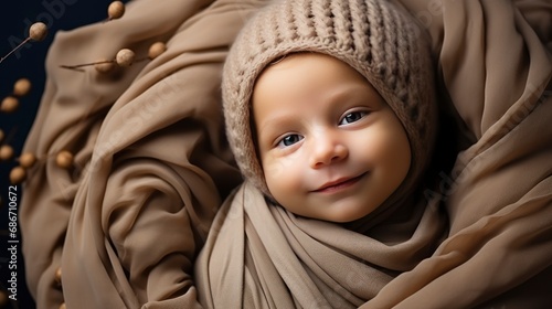 Portrait Smiling Blueeyed Newborn Baby, Background HD For Designer