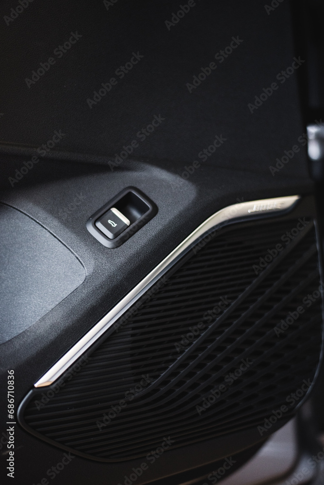 Sound speaker in a modern car door panel. Close up car speaker on car door panel