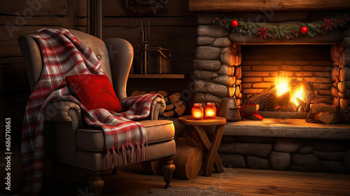 Cozy chair by a warm fireplace, Christmas holidays.