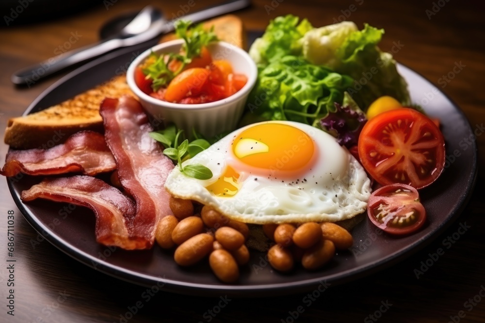 english breakfast with fried eggs bacon sausages beans toasts on dark background. Generative AI english breakfast with fried eggs bacon sausages beans toasts on dark background. Generative AI