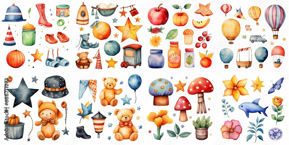 Watercolor children's clipart set isolated on a white background for crafts, invitations, scrapbooking, art project, stickers Watercolor children's clipart set isolated on a white background for crafts, invitations, scrapbooking, art project, stickers