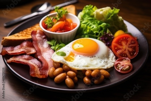 english breakfast with fried eggs bacon sausages beans toasts on dark background. Generative AI