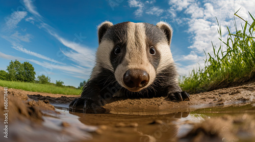 Honey badger near a puddle photo