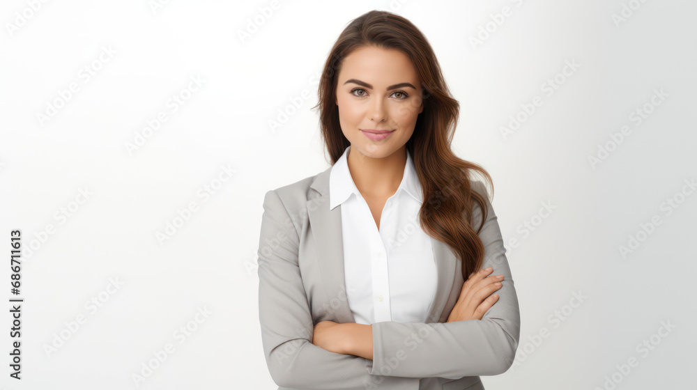 Perfect business lady. Beautiful young businesswoman looking at camera with smile while standing against white background Perfect business lady. Beautiful young businesswoman looking at camera with smile while standing against white background