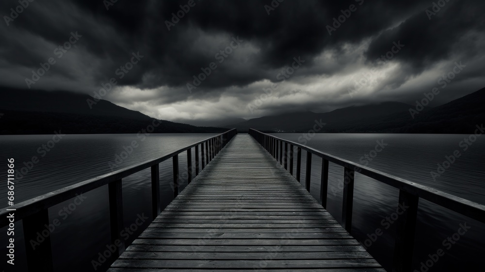 A long wooden bridge over a body of water