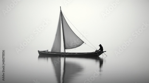 A black and white photo of a man in a boat photo
