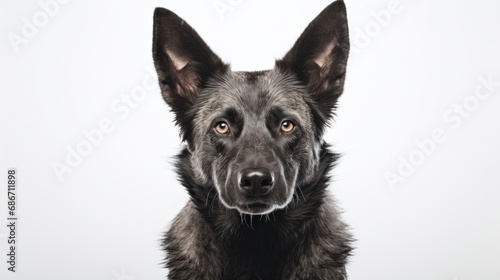 A close up of a dog with a white background