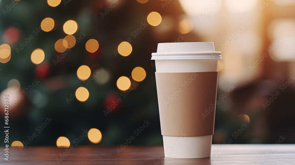 Paper cup with coffee сlose up. Coffee cup. Christmas tree with lights on the background. Holiday season. Time for drink coffee. Coffee to go. Take a break. Disposable paper cup. Mockup. Generated AI Paper cup with coffee сlose up. Coffee cup. Christmas tree with lights on the background. Holiday season. Time for drink coffee. Coffee to go. Take a break. Disposable paper cup. Mockup. Generated AI