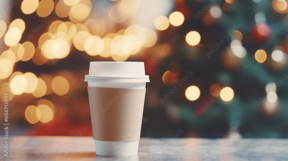 Paper cup with coffee сlose up. Coffee cup. Christmas tree with lights on the background. Holiday season. Time for drink coffee. Coffee to go. Take a break. Disposable paper cup. Mockup. Generated AI Paper cup with coffee сlose up. Coffee cup. Christmas tree with lights on the background. Holiday season. Time for drink coffee. Coffee to go. Take a break. Disposable paper cup. Mockup. Generated AI