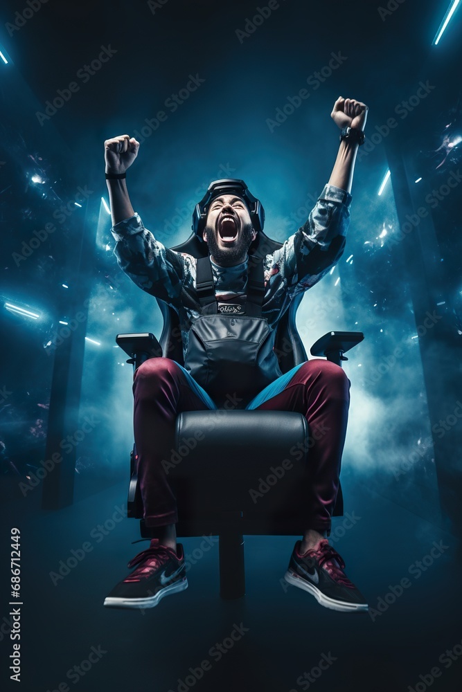 An animated gamer jumping off a gaming chair, throwing a headset in the air, after a game-winning play An animated gamer jumping off a gaming chair, throwing a headset in the air, after a game-winning play