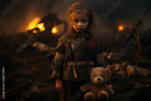 little girl standing in destroyed and burning village holding a teddy bear