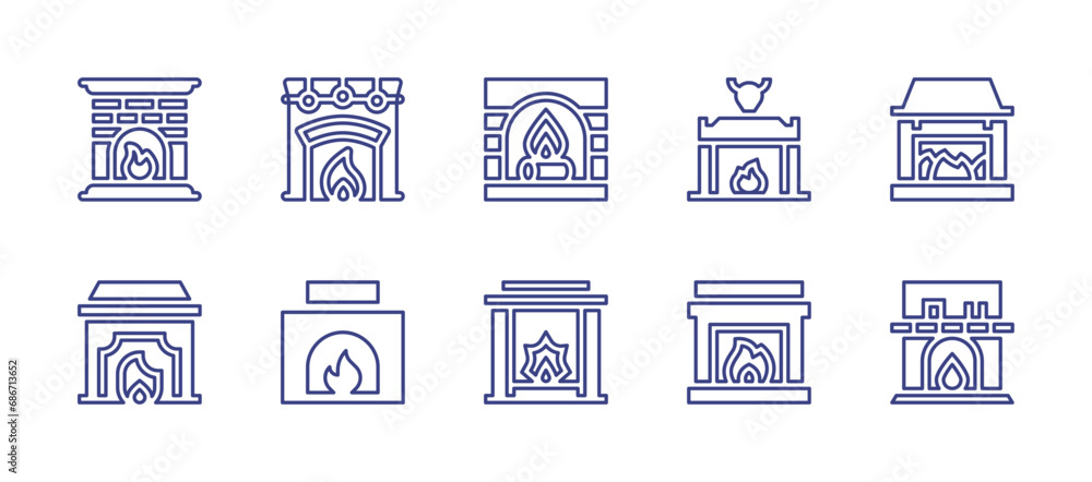 Fireplace line icon set. Editable stroke. Vector illustration. Containing fireplace, chimney, fire place, sauna, smart, bonfire.